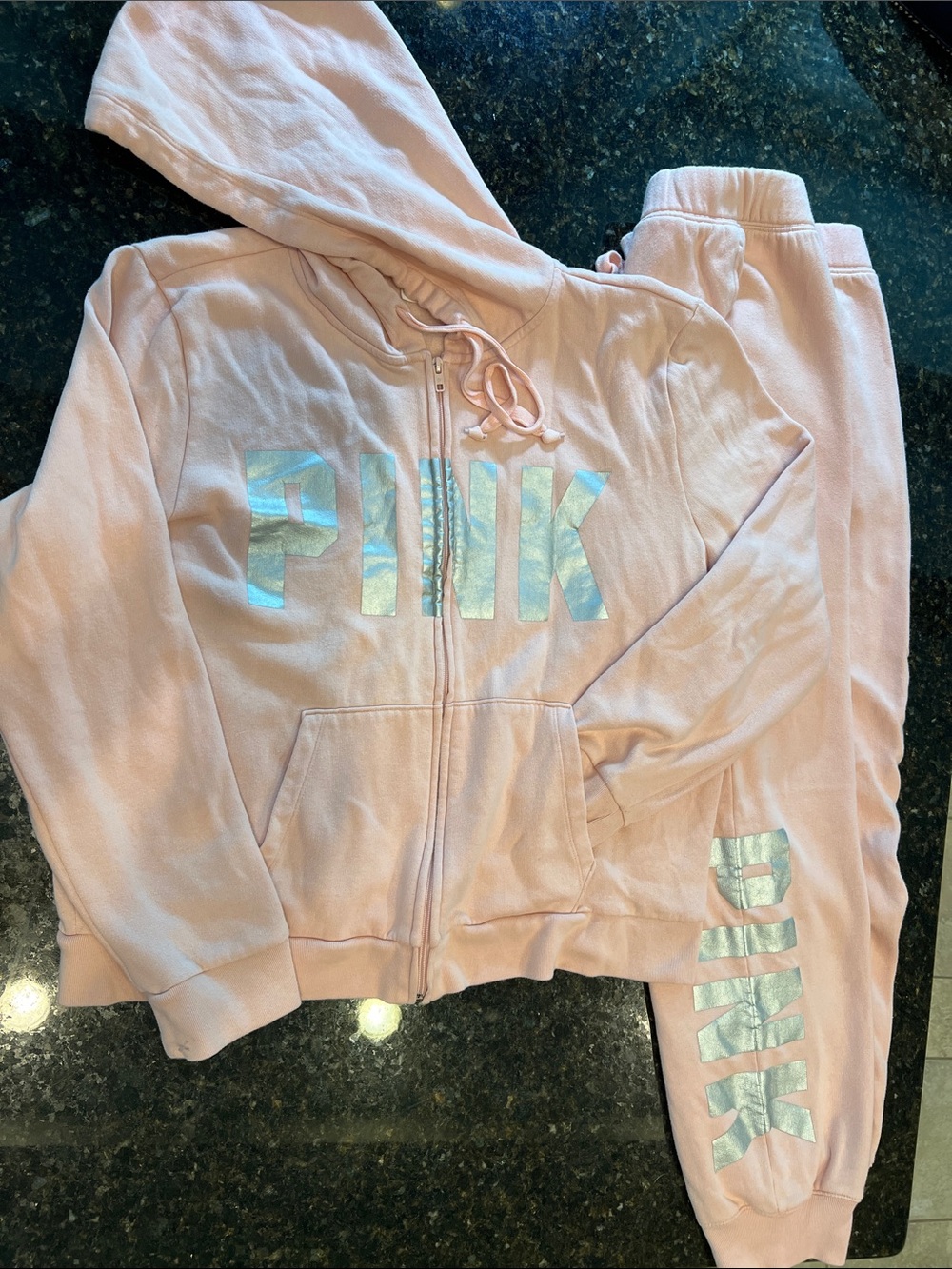 PINK Victoria's Secret Light Pink Holographic Logo Zip Hoodie & Joggers
